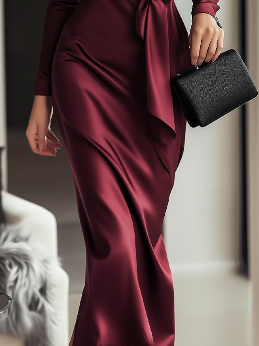 Zavelli™ | Abito avvolgente in satin bordeaux senza tempo con dettaglio in vita