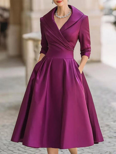 Zavelli™ | Abito Midi in Satin Ispirato al Vintage con Collo Drappeggiato