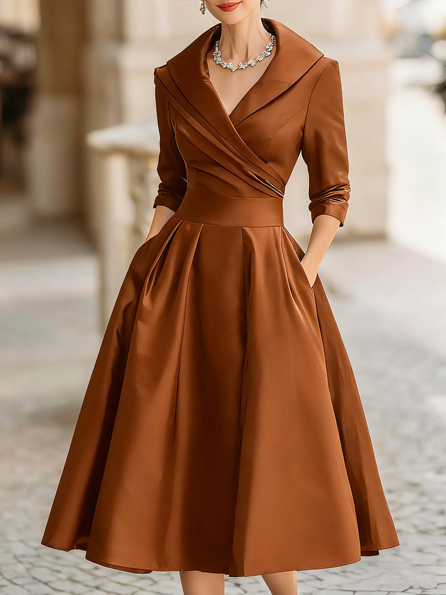 Zavelli™ | Abito Midi in Satin Ispirato al Vintage con Collo Drappeggiato