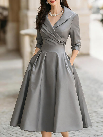 Zavelli™ | Abito Midi in Satin Ispirato al Vintage con Collo Drappeggiato