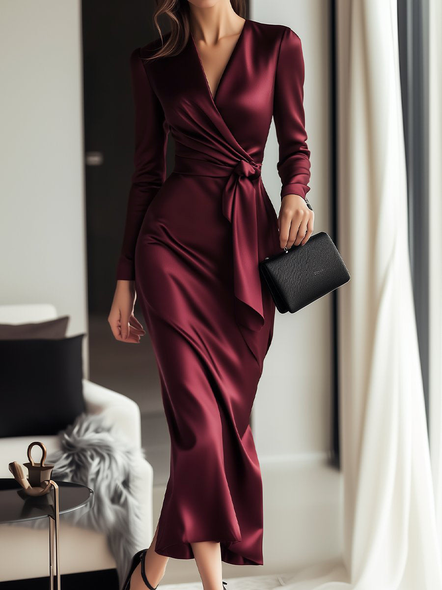 Zavelli™ | Abito avvolgente in satin bordeaux senza tempo con dettaglio in vita