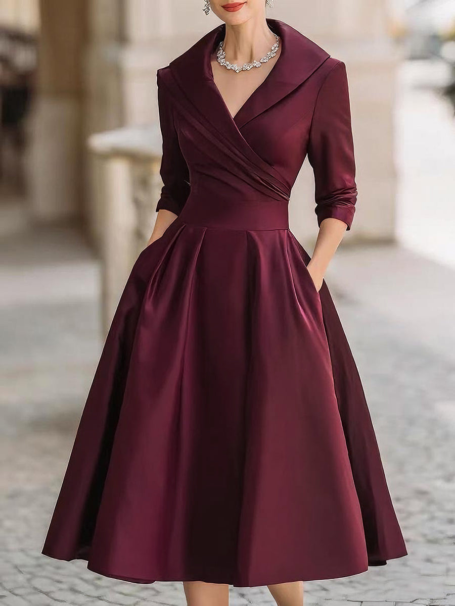 Zavelli™ | Abito Midi in Satin Ispirato al Vintage con Collo Drappeggiato